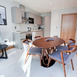 living area with dining table, Belsize Apartments, Maida Vale, London NW6