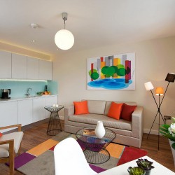 living room with dining area, Boardwalk Apartments, Canary Wharf, London E14