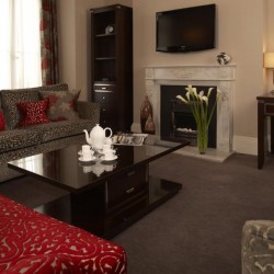 living room with tea set on coffee table, Beaufort Apartments, Knightsbridge, London SW3