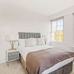 bedroom with double bed, side table and view to living room, Pimlico Corporate Apartments, Pimlico, London SW1