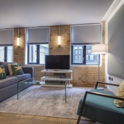 living room with wood floor, Bourchier Apartments, Soho, London