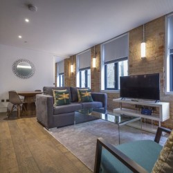 living are with kitchen and dining table, Bourchier Apartments, Soho, London