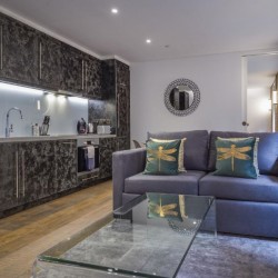 open plan living room with kitchen, Bourchier Apartments, Soho, London