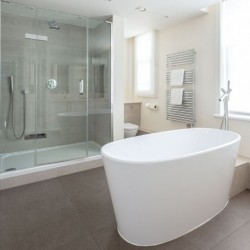 bathroom with designer bathtub, living room with dining table and balcony, Lees Serviced Apartments, Mayfair, London W1