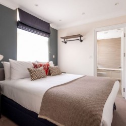 double bedroom with en-suite bathroom, living room with dining table and balcony, Lees Serviced Apartments, Mayfair, London W1