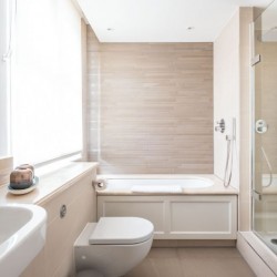 bathroom, living room with dining table and balcony, Lees Serviced Apartments, Mayfair, London W1