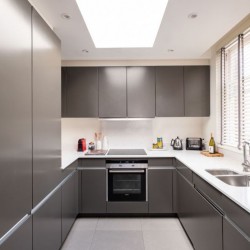kitchen, living room with dining table and balcony, Lees Serviced Apartments, Mayfair, London W1