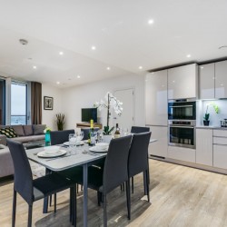 sofa, dining table, kitchen, Riverside Apartments, Vauxhall, London