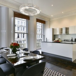 living room with dining table, chairs and kitchen, Stanhope Luxury Homes, Kensington, London SW7