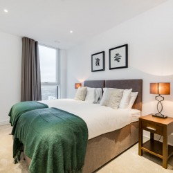 bedroom with twin beds, Riverside Apartments, Vauxhall, London