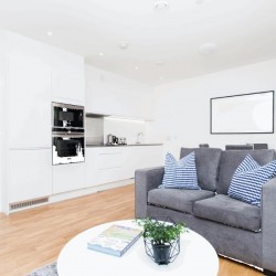 living room with kitchen, Clover Apartments, Canary Wharf, London E14