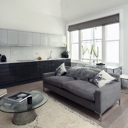 open plan living area with kitchen, Welbeck Apartments, Marylebone, London