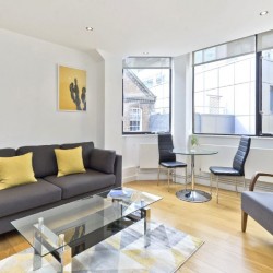 living room with sofa, chair and dining table, Court Apartments, Holborn, London EC4