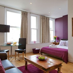 double studio with bed, dining table and sofa,Longridge Apartments, Kensington, London SW5