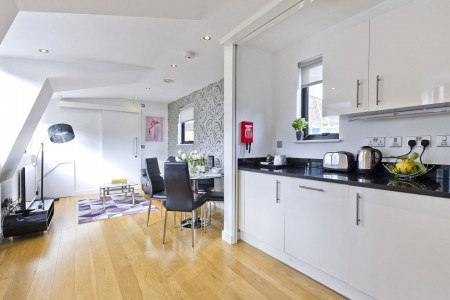 living area with kitchen and dining table, Court Apartments, Holborn, London EC4
