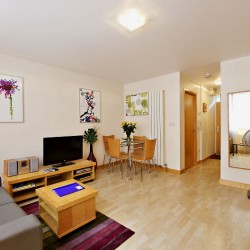 studio with sofa, table, tv, dining and cooling fan, Oxford Street Apartments, Marylebone, London W1