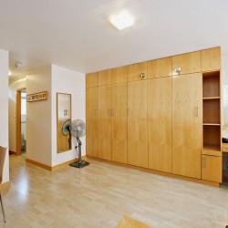 studio with murphy bed, wood floors, large mirror and cooling fan, Oxford Street Apartments, Marylebone, London W1