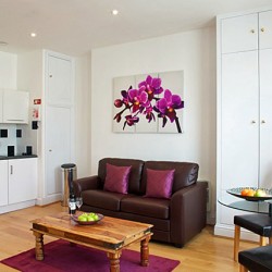 studio with sofa, kitchen and dining table, Longridge Apartments, Kensington, London SW5