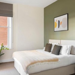 double bedroom with plant, Cathedral Apartments, Cardiff CF11, Wales