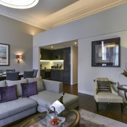 apartment with sofa, dining area, kitchen and chair, Queen's Apart Hotel, Kensington, London SW7