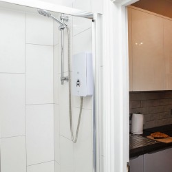 shower room and kitchenette, Silver Studio Apartments, Soho, London