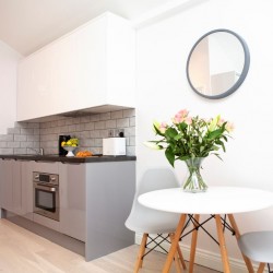 kitchen and dining table, Silver Studio Apartments, Soho, London