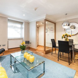 living area with dining table, Crawford Apartments, Marylebone, London
