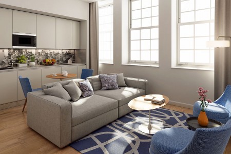 living area with sofa, table and kitchenette, Islington Apart Hotel, Islington, London N1