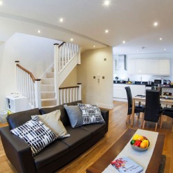 living area with kitchen and dining area, Park Road Apartments, Finchley, London N3