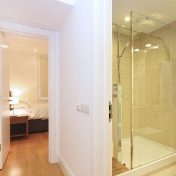 shower room and bedroom, Evelyn Apartments, Fitzrovia, London W1