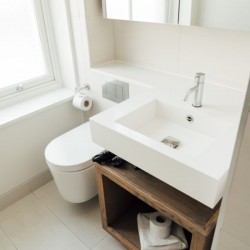 bathroom with toilet, sink and mirror, Wigmore Street Apartments, Marylebone, London W1