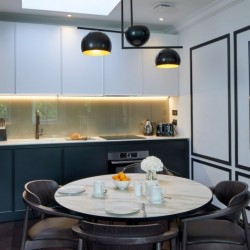 kitchen and dining table, Lexham Apartments, Kensington, London W8