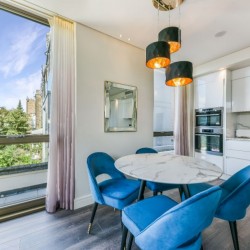dining table, kitchen and balcony, Holland Park Apartments, Kensington, London W14