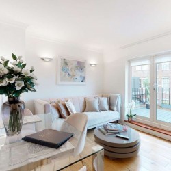 bright living room with glass table, sofa and balcony, Bond Street Apartments, Mayfair, London W1