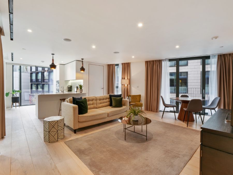 living room with wood floors, carpet, sofa, dining area and kitchen, The Residences, Southwark, London SE1