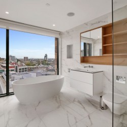 bathroom with free standing bathtub and london skyline view, The Residences, Southwark, London SE1
