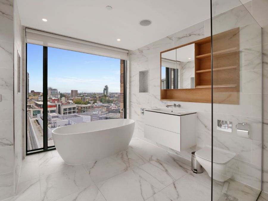 bathroom with free standing bathtub and london skyline view, The Residences, Southwark, London SE1