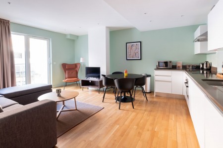 living area with kitchen and dining table, Victoria Apartments, Victoria, London SW1