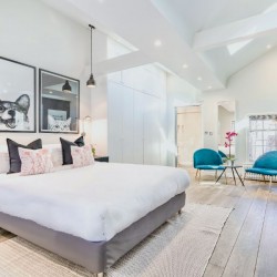 huge bedroom with king size bed and high ceilings, The Soho Penthouse, Soho, London W1D