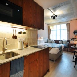 kitchen and living area in studio apartment, Chiswick Apart Hotel, Chiswick, London W4