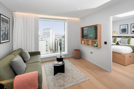 living room with sofa, smart tv and view to bedroom, Paddington Apart Hotel, Paddington, London W2