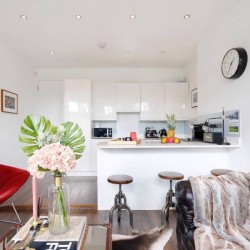 sofa, chair and kitchen, Primrose Hill Apartment, Primrose Hill, London NW3