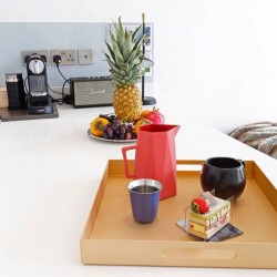 kitchen with tray, coffee mug, fruit and nespresso machine, Primrose Hill Apartment, Primrose Hill, London NW3