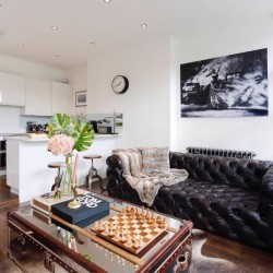 coffee table, leather sofa and kitchen, Primrose Hill Apartment, Primrose Hill, London NW3