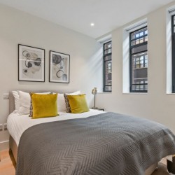 double bed, side table and windows, Fitzrovia Serviced Apartments, Fitzrovia, London W1
