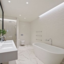 large bathroom with double sink, mirror, freestanding bathtub, toilet and shower cubicle, Fitzrovia Serviced Apartments, Fitzrovia, London W1