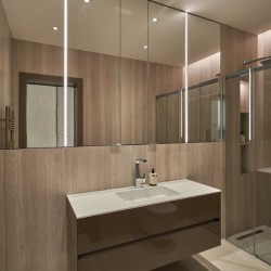 bathroom with sink, mirrors and shower, Portland Apartments, Marylebone, London W1