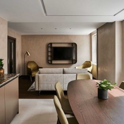living room with dining table, part of kitchen, sofa and tv, Portland Apartments, Marylebone, London W1