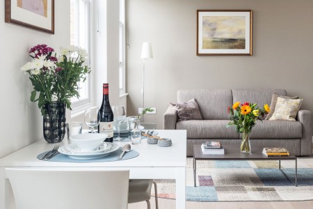 dining table with wine bottle, coffee table and sofa, Hampstead Apartments, Camden, London NW3