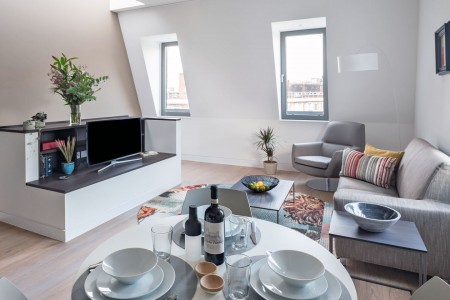living room with dining table, sofa, chair and smart TV, Camden Town Apartments, Camden, London NW1